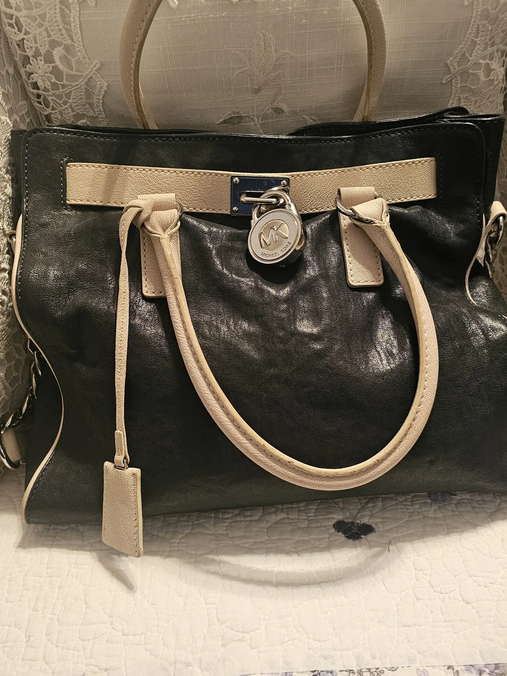 Michael Kors Black and Cream Leather Satchel with MK Pendant